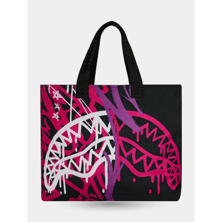 Retro della borsa nera con bocche di squalo a graffiti e stelline