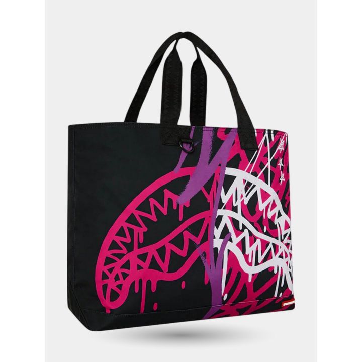 Borsa tote nera Sprayground vista di tre quarti con manici neri