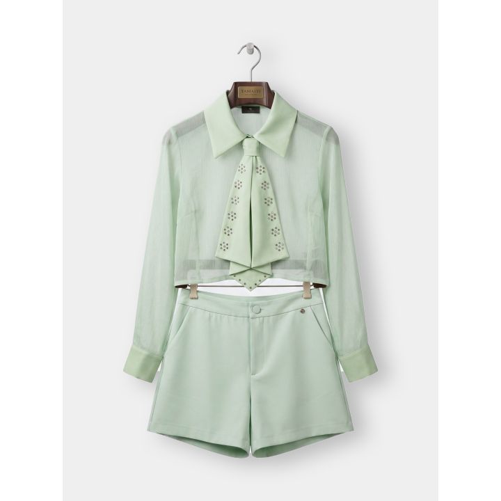 Completo FUN&FUN verde menta con camicia corta, cravatta e short