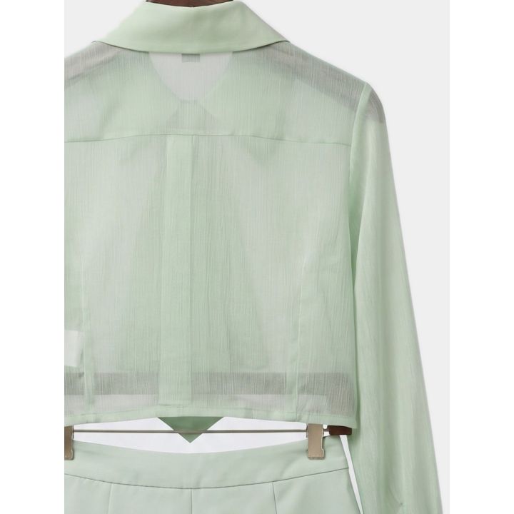 Dettaglio del retro della camicia corta trasparente a maniche lunghe