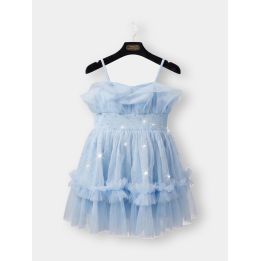 Abito FUN&FUN azzurro in tulle sulla gruccia, vista frontale