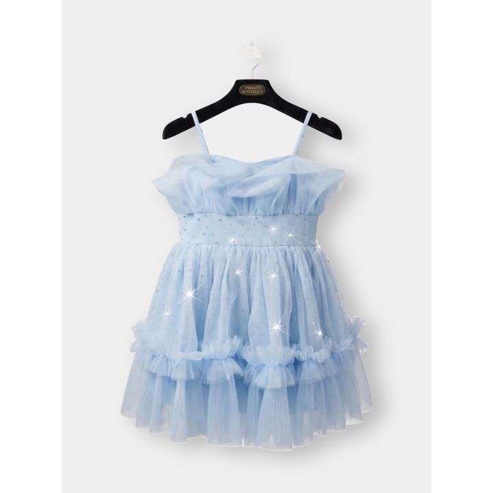 Abito FUN&FUN azzurro in tulle sulla gruccia, vista frontale