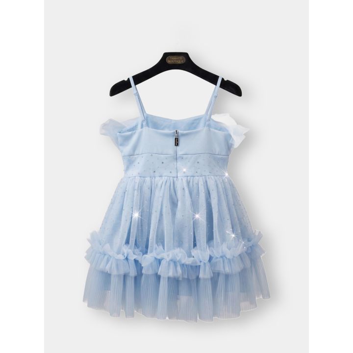 Retro dell'abito azzurro in tulle con zip e spalline sottili
