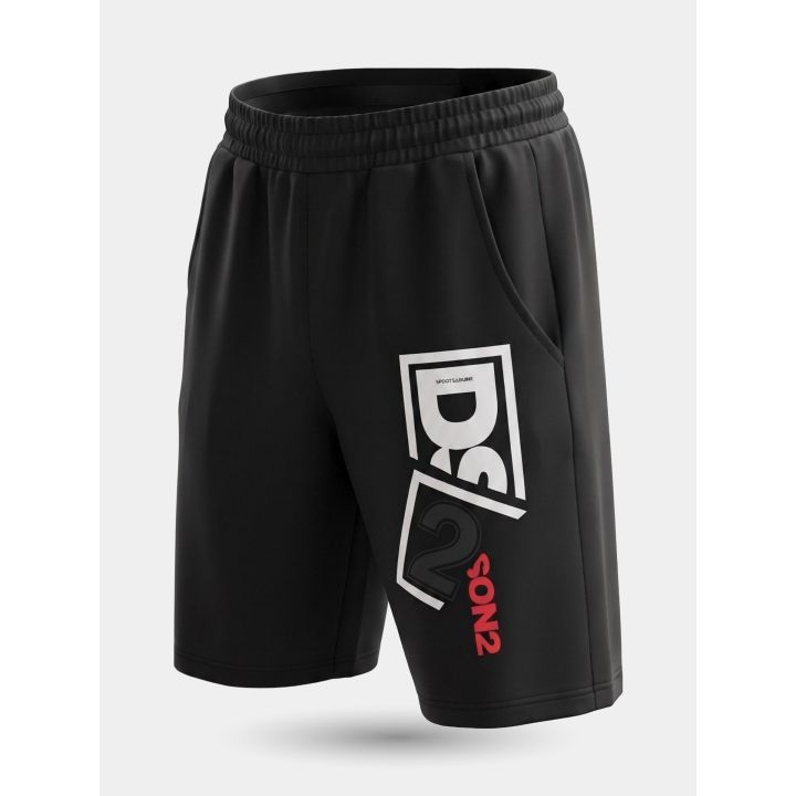 Bermuda DS2 neri vista di tre quarti con logo e scritta rossa sulla gamba