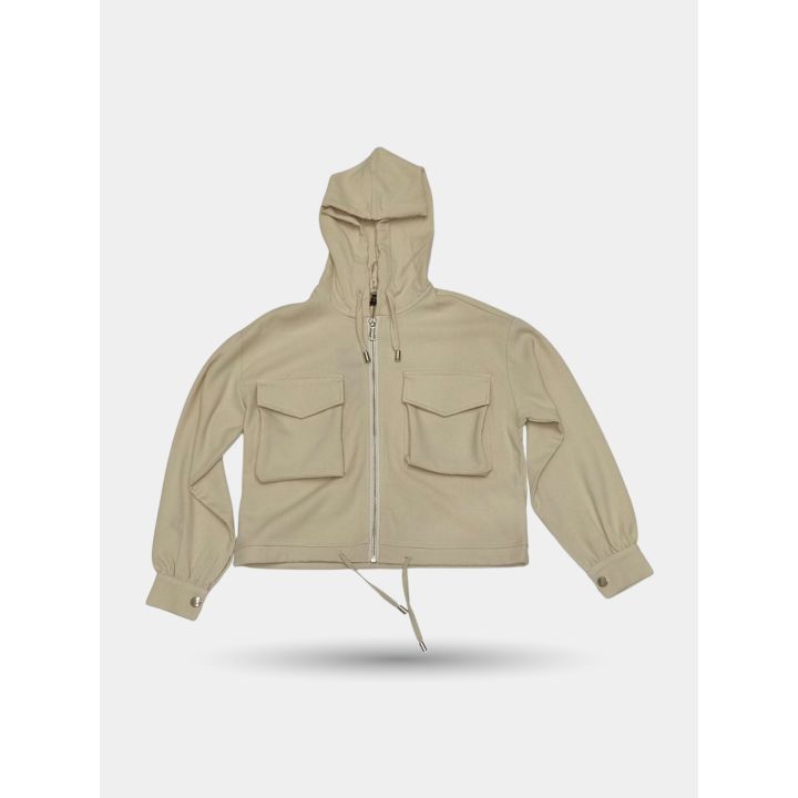 Giacca Manila Grace beige con zip e cappuccio, vista frontale