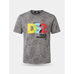 T-shirt DS2 grigia vista frontale con maxi logo giallo, azzurro e rosso