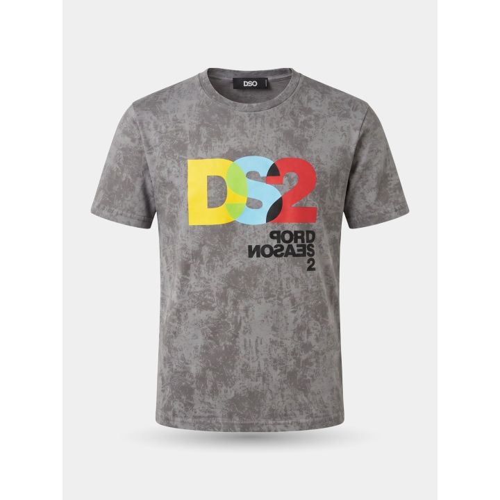 T-shirt DS2 grigia vista frontale con maxi logo giallo, azzurro e rosso