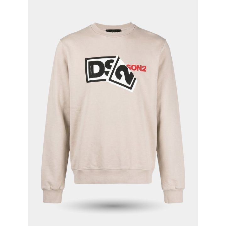 Felpa DS2 beige vista frontale con maxi logo a riquadri sul petto
