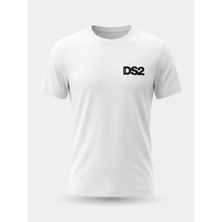 T-shirt DS2 bianca vista frontale con piccolo logo nero sul petto