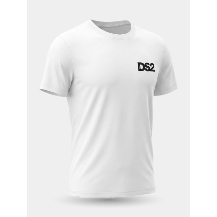 T-shirt DS2 bianca vista di tre quarti con logo nero