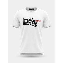 T-shirt DS2 bianca vista frontale con maxi logo a riquadri e scritta rossa
