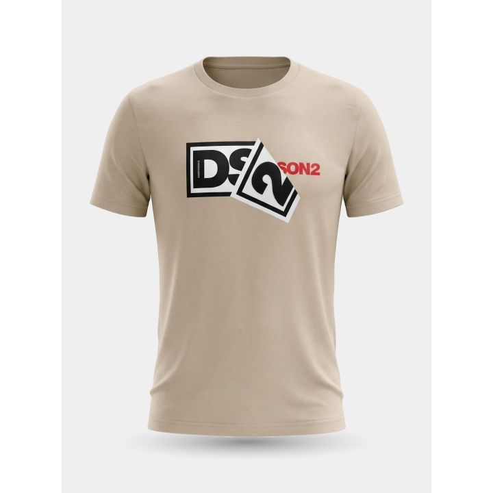 T-shirt DS2 beige vista frontale con maxi logo a riquadri