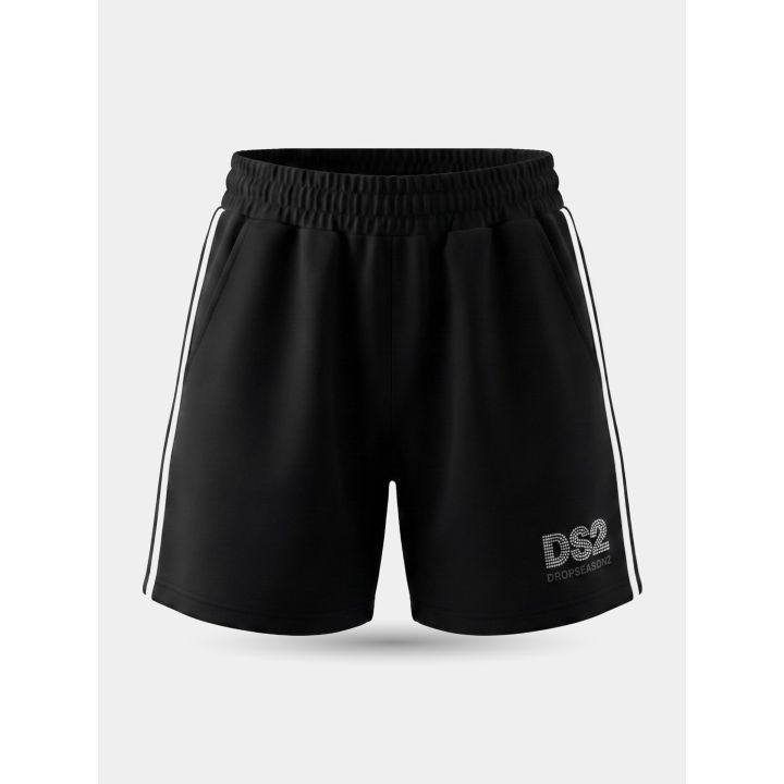 Pantaloncini DS2 neri vista frontale con logo in strass e bande bianche