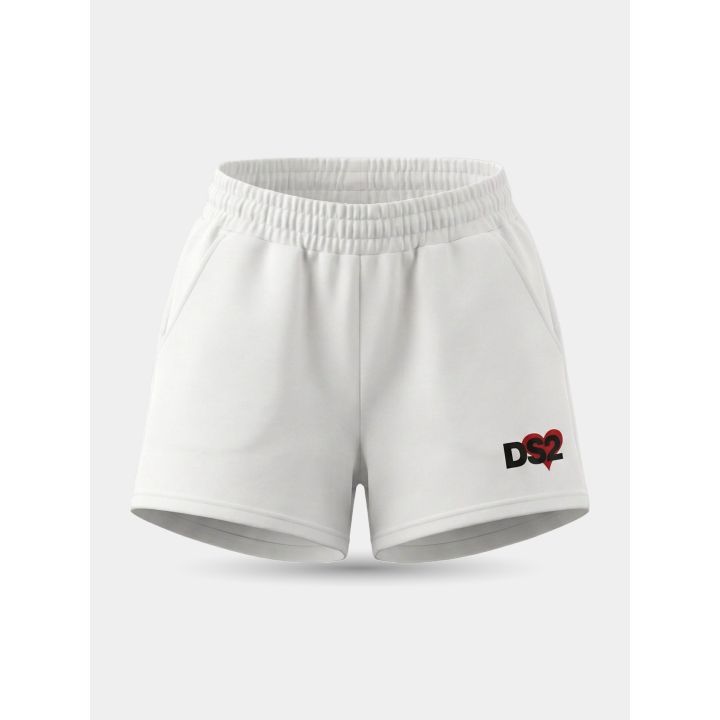 Pantaloncini DS2 bianchi vista frontale con logo nero e cuore rosso