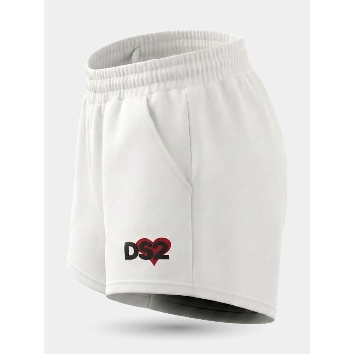 Pantaloncini DS2 bianchi di lato con tasca e logo a cuore