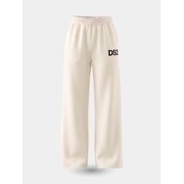 Pantalone DS2 avorio vista frontale a gamba larga con logo nero