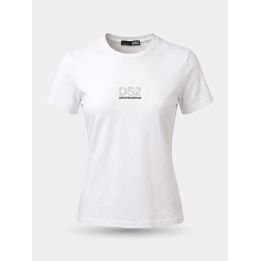T-shirt DS2 bianca vista frontale con logo in strass argentati