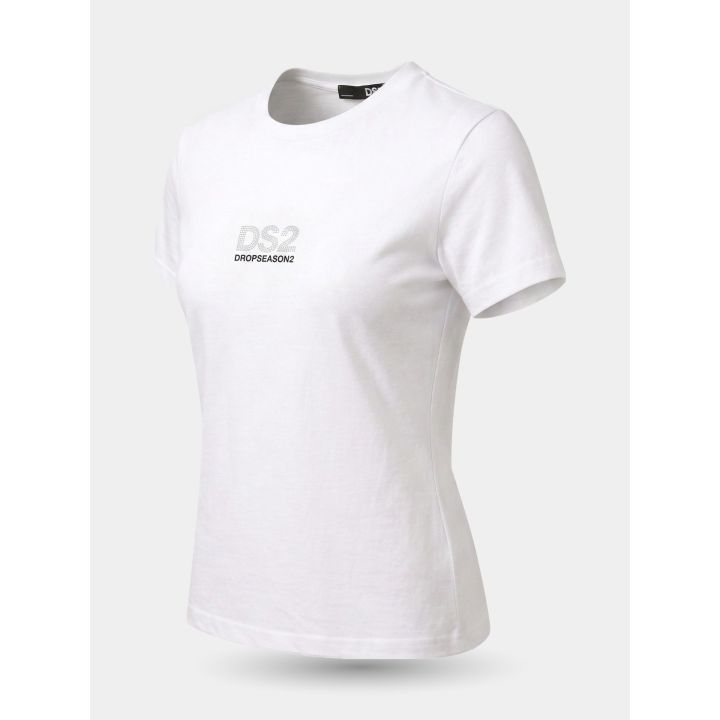 T-shirt DS2 bianca vista di tre quarti con scritta Dropseason2