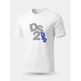 T-shirt DS2 bianca vista di tre quarti con logo grigio e logo blu
