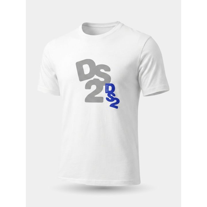 T-shirt DS2 bianca vista di tre quarti con logo grigio e logo blu