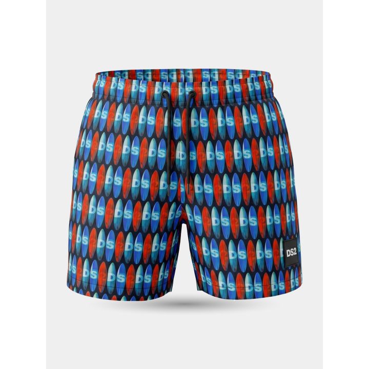 Costume DS2 vista frontale con stampa di tavole da surf rosse e blu