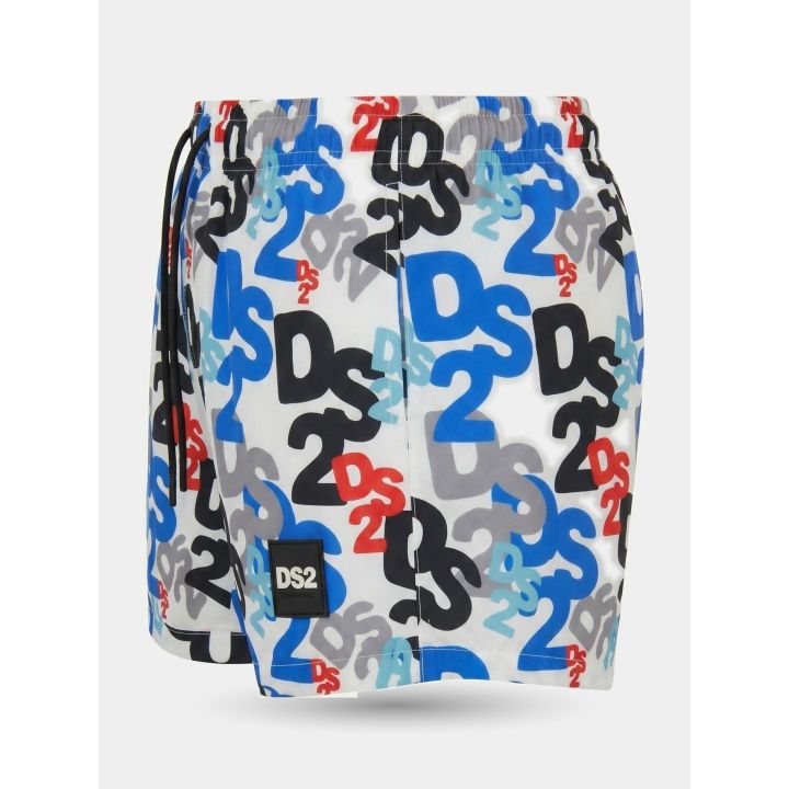Costume DS2 bianco di lato con stampa di loghi blu, neri e rossi