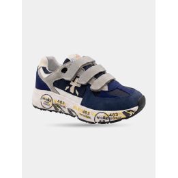 Sneakers Premiata blu e grigie con tre strappi, vista di tre quarti