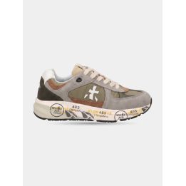 Sneakers Premiata grigie, verdi e marroni con lacci, vista laterale