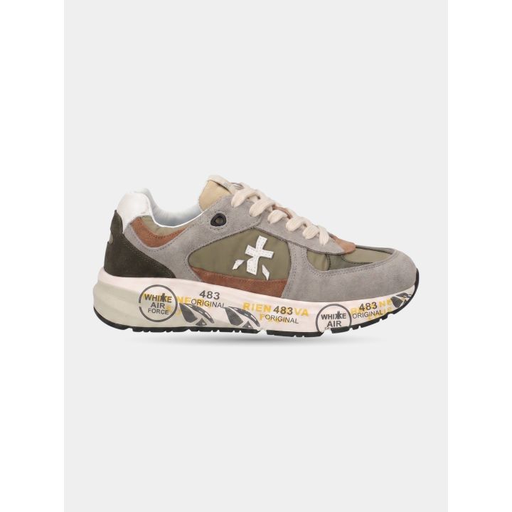 Sneakers Premiata grigie, verdi e marroni con lacci, vista laterale
