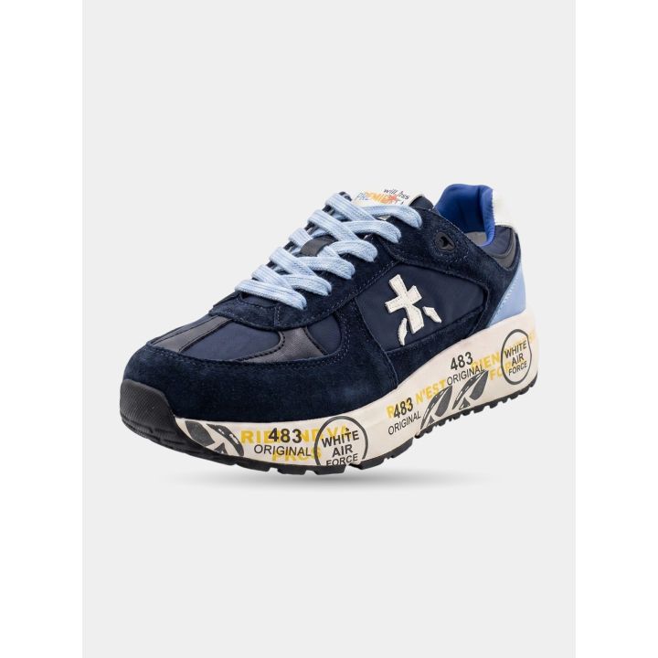 Sneakers Premiata blu con il logo bianco, vista laterale
