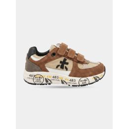 Sneakers Premiata marroni e beige con tre strappi, vista laterale