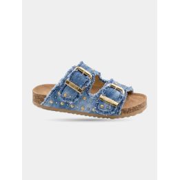 Sandali Colors of California in jeans blu con fibbie dorate, vista di tre quarti