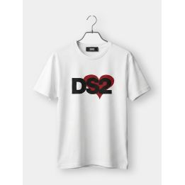 T-shirt DS2 bianca vista frontale con logo nero e cuore rosso
