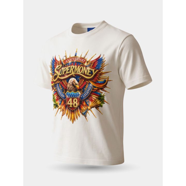 T-shirt bianca Las Vegas di tre quarti con lo stemma Supermoney colorato