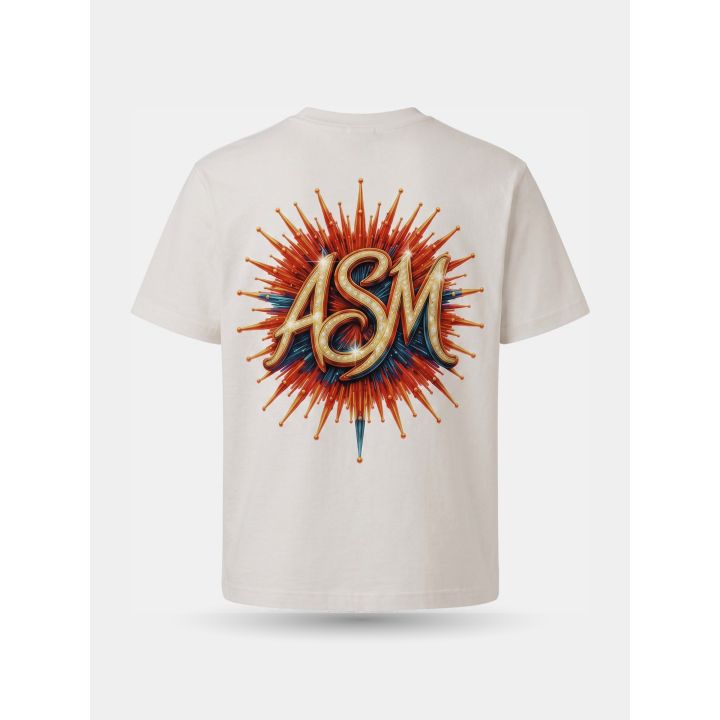 Retro della t-shirt bianca con la scritta ASM a lampadine su raggiera rossa