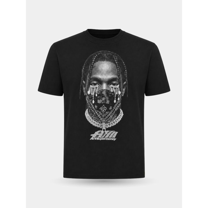 T-shirt Art Supermoney Mask-Off nera vista frontale con volto e bandana in strass