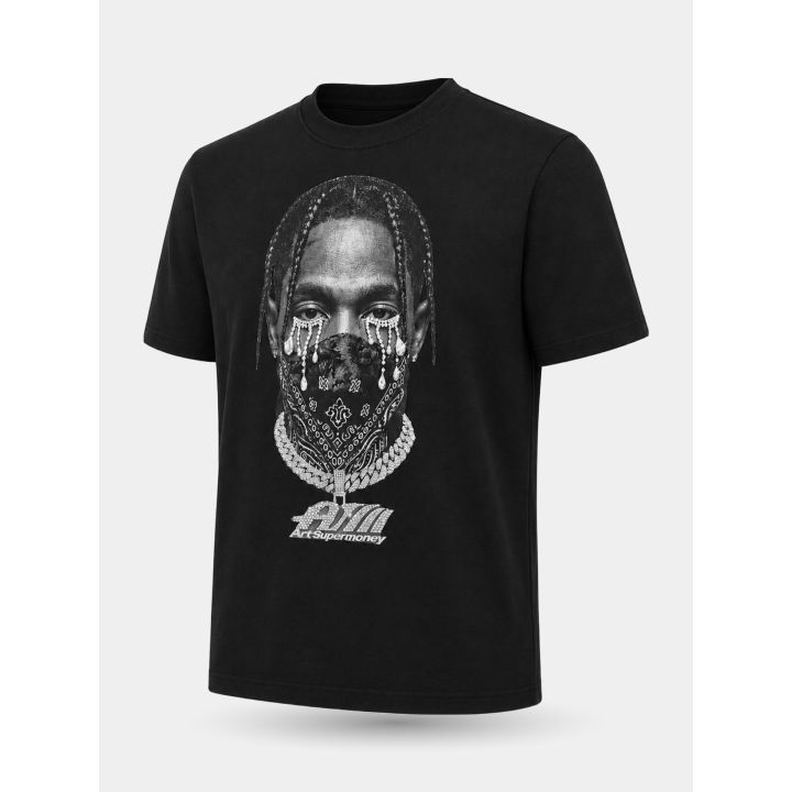T-shirt nera Mask-Off di tre quarti con lacrime di strass e logo ASM