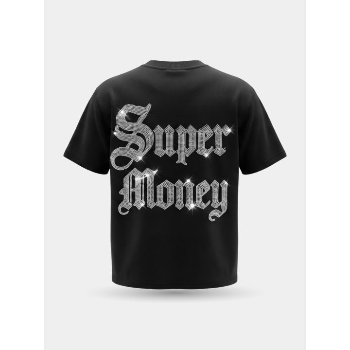 Retro della t-shirt nera con la scritta Super Money gotica in strass