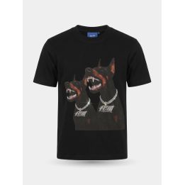 T-shirt Art Supermoney nera vista frontale con due dobermann e collari in strass