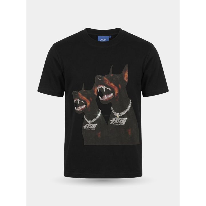 T-shirt Art Supermoney nera vista frontale con due dobermann e collari in strass
