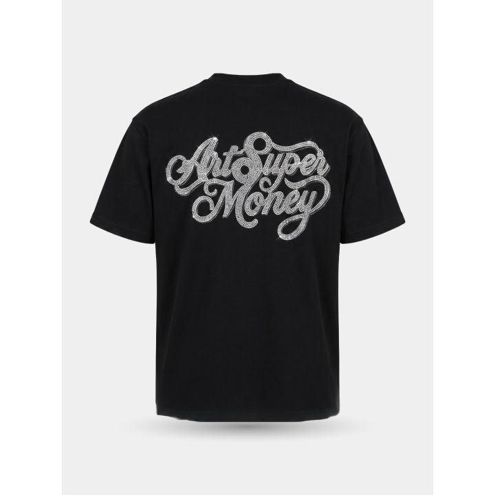 Retro della t-shirt nera con la scritta Art Super Money in cristalli
