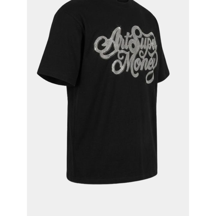 Retro di tre quarti della t-shirt nera con il logo in cristalli