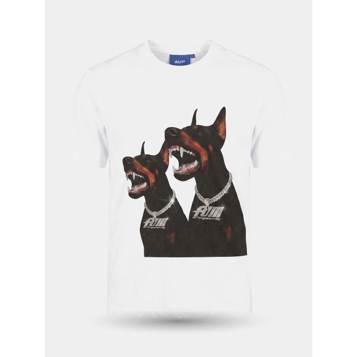 T-shirt Art Supermoney bianca vista frontale con due dobermann e collari in strass