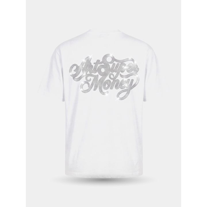 Retro della t-shirt bianca con la scritta Art Super Money in cristalli