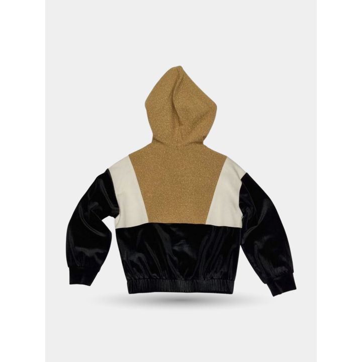 Retro della maglia con cappuccio oro glitter e maniche nere