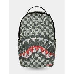 Zaino Sprayground Emote Check vista frontale con scacchi a faccine e squalo
