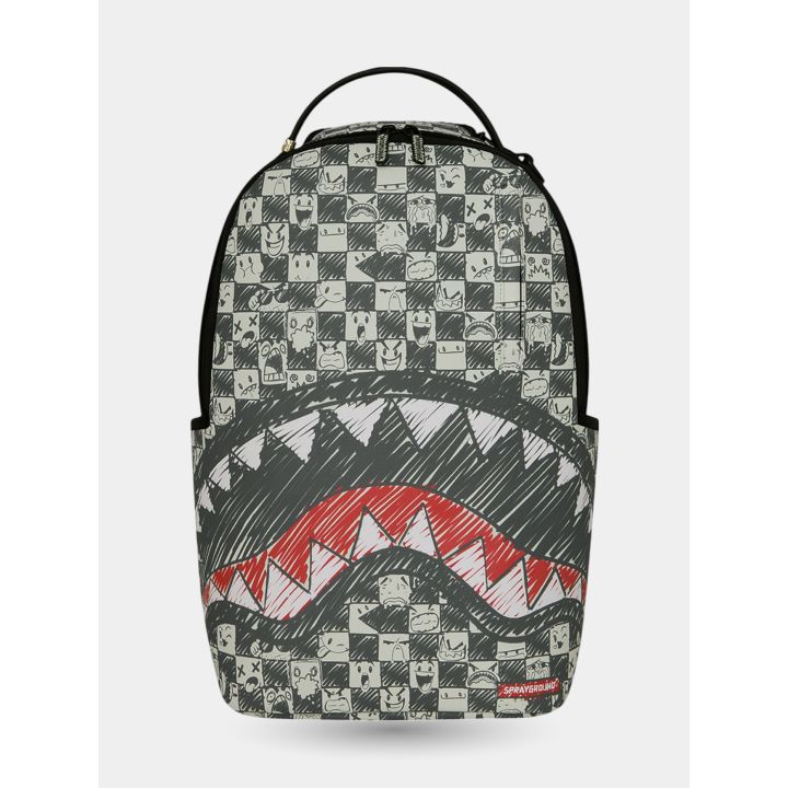 Zaino Sprayground Emote Check vista frontale con scacchi a faccine e squalo