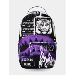 Zaino Sprayground Stencil Shark Attack vista frontale con tigre e squalo viola