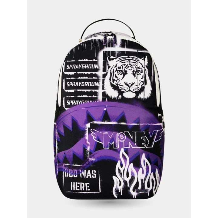 Zaino Sprayground Stencil Shark Attack vista frontale con tigre e squalo viola