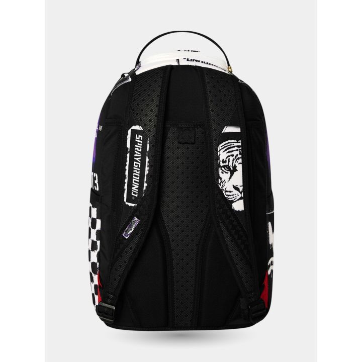 Retro dello zaino con tigre, scritta Sprayground e scacchi
